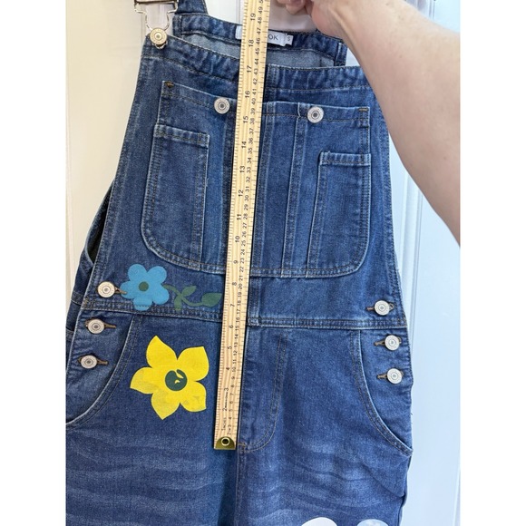 Women's Distressed Denim Overalls Floral Hand Painted Print Retro Y2K Sz Small - Picture 12 of 15